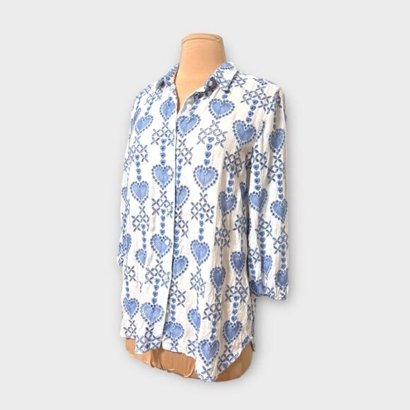 Johnny Was Shell Embroidered Blouse S White Blue Collared EUC - Picture 4 of 8